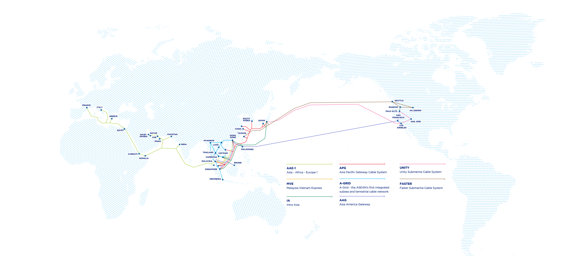 A map of the submarine cables connecting Vietnam to Asia, Europe and the United States