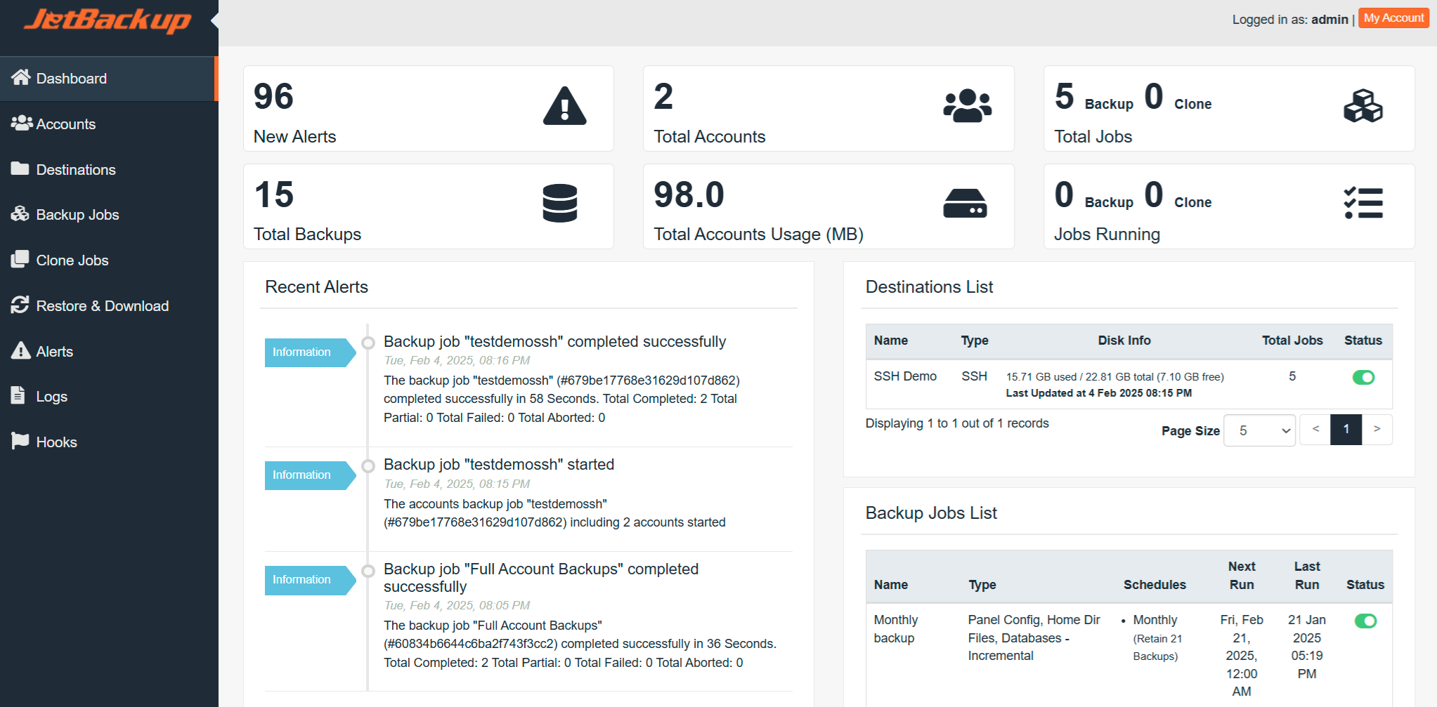 JetBackup dashboard